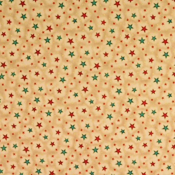 Baumwolldruck Sterne in Grün und Rot auf Beige mit Goldglitzeroptik